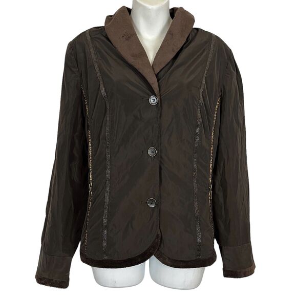 Chico's Women's Dark Chocolate Brown Lightweight Jacket Faux Fur Trim Coat 2 / L - Picture 1 of 16